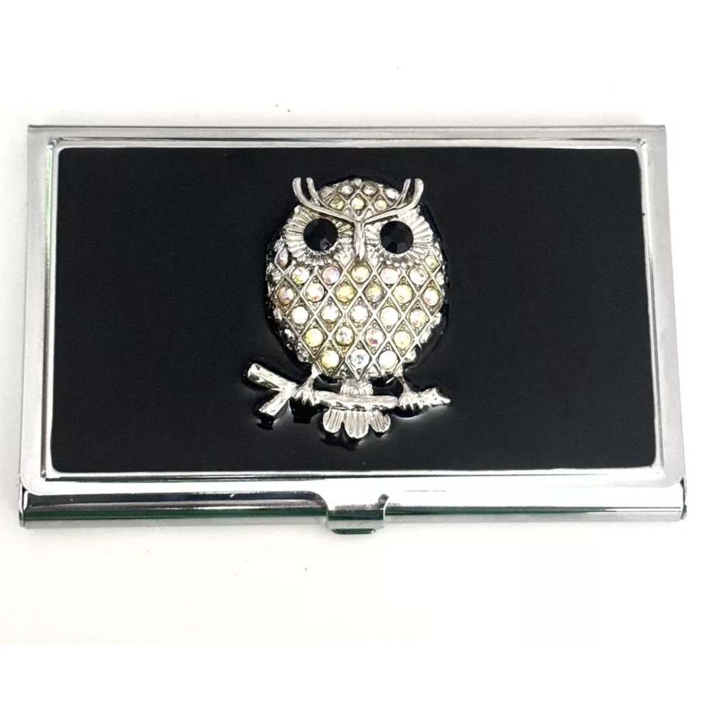 SPRING STREET DESIGN CARD HOLDER CRYSTAL OWL ON BLACK ENAMEL